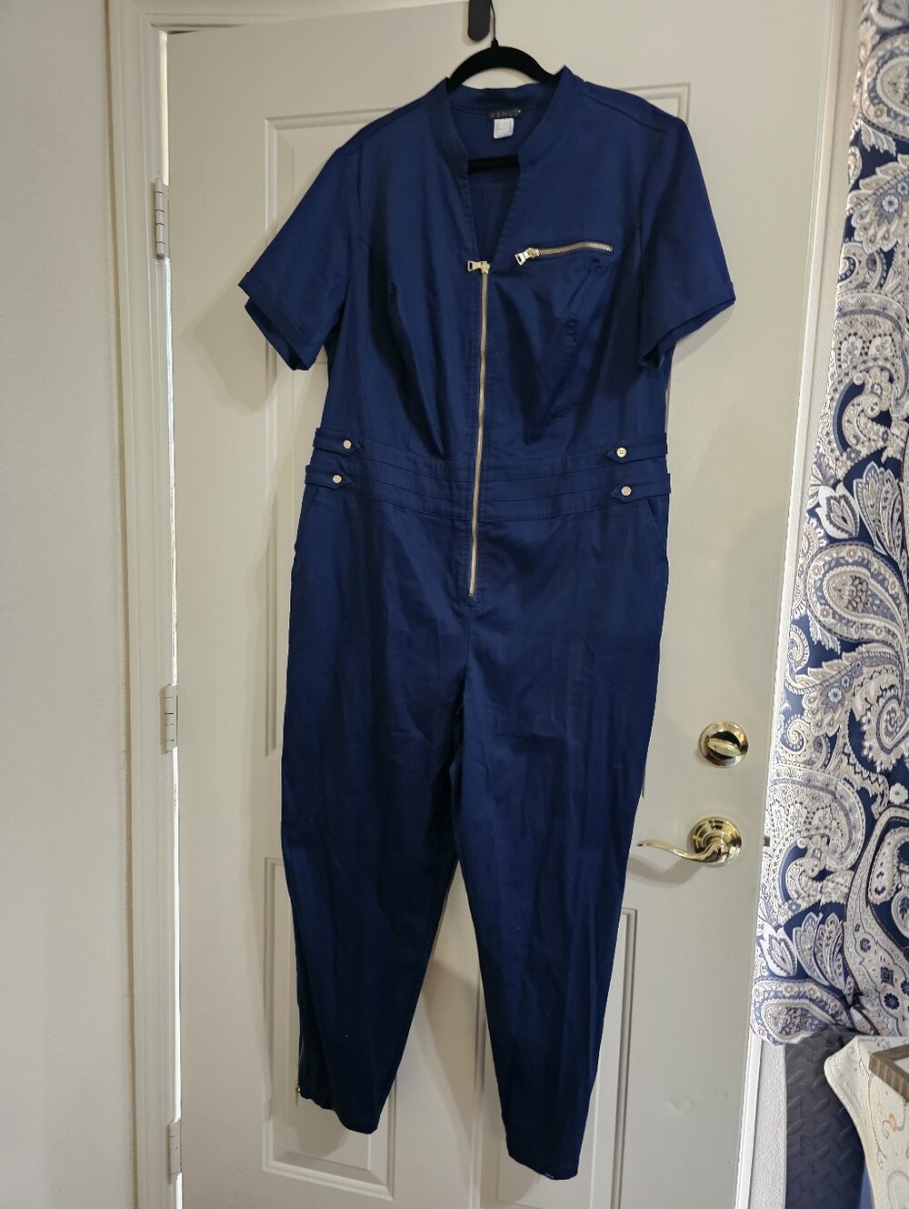 Navy Short-Sleeve Zip-Front Jumpsuit